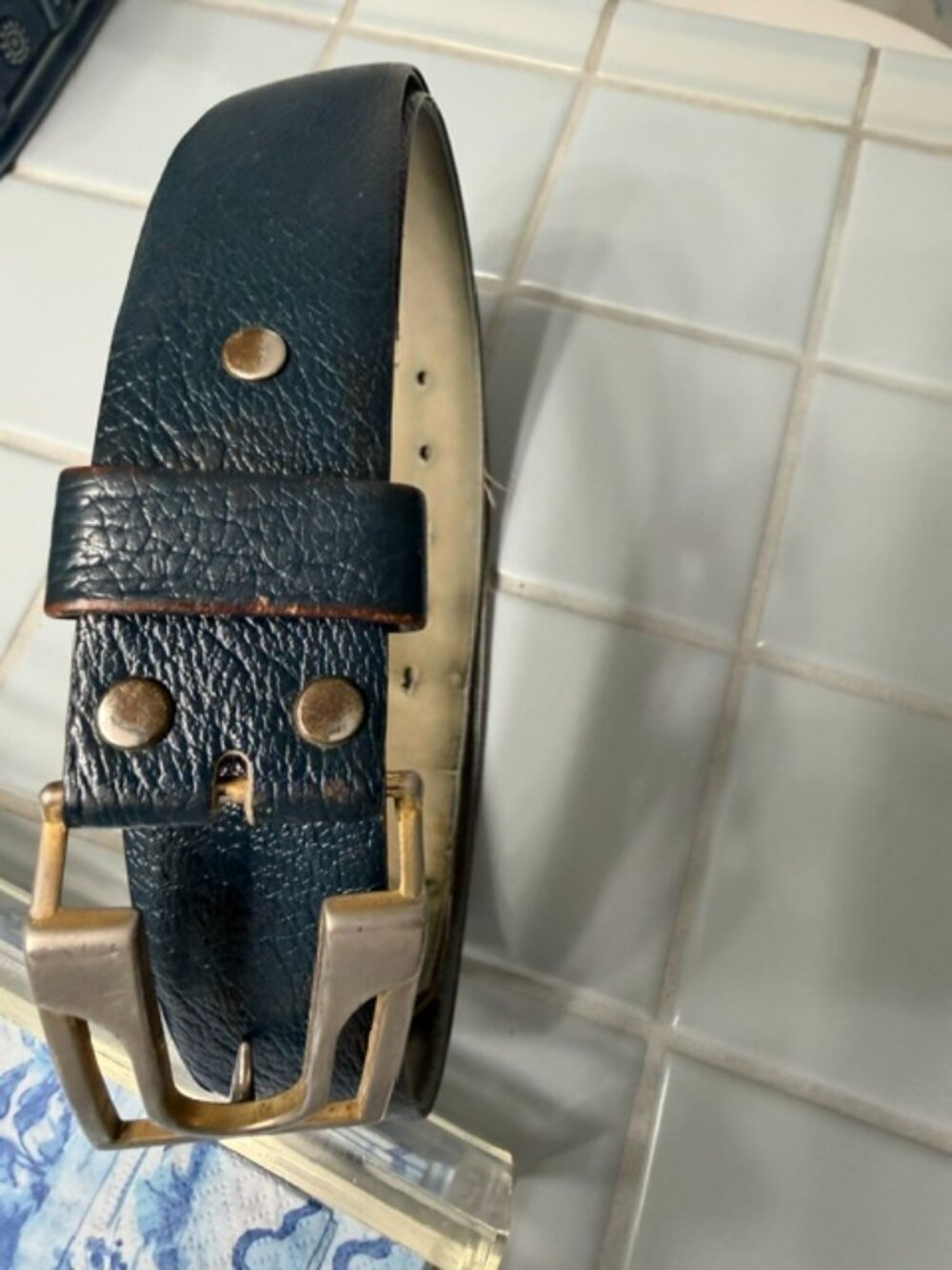 BLUE LEATHER, COWHIDE BELT, 36-38 WITH LARGE BRONZE  BUCKLE, MADE IN ITALY